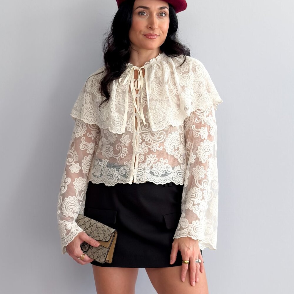 Ivory Lace Tie-Neck Blouse with Capelet